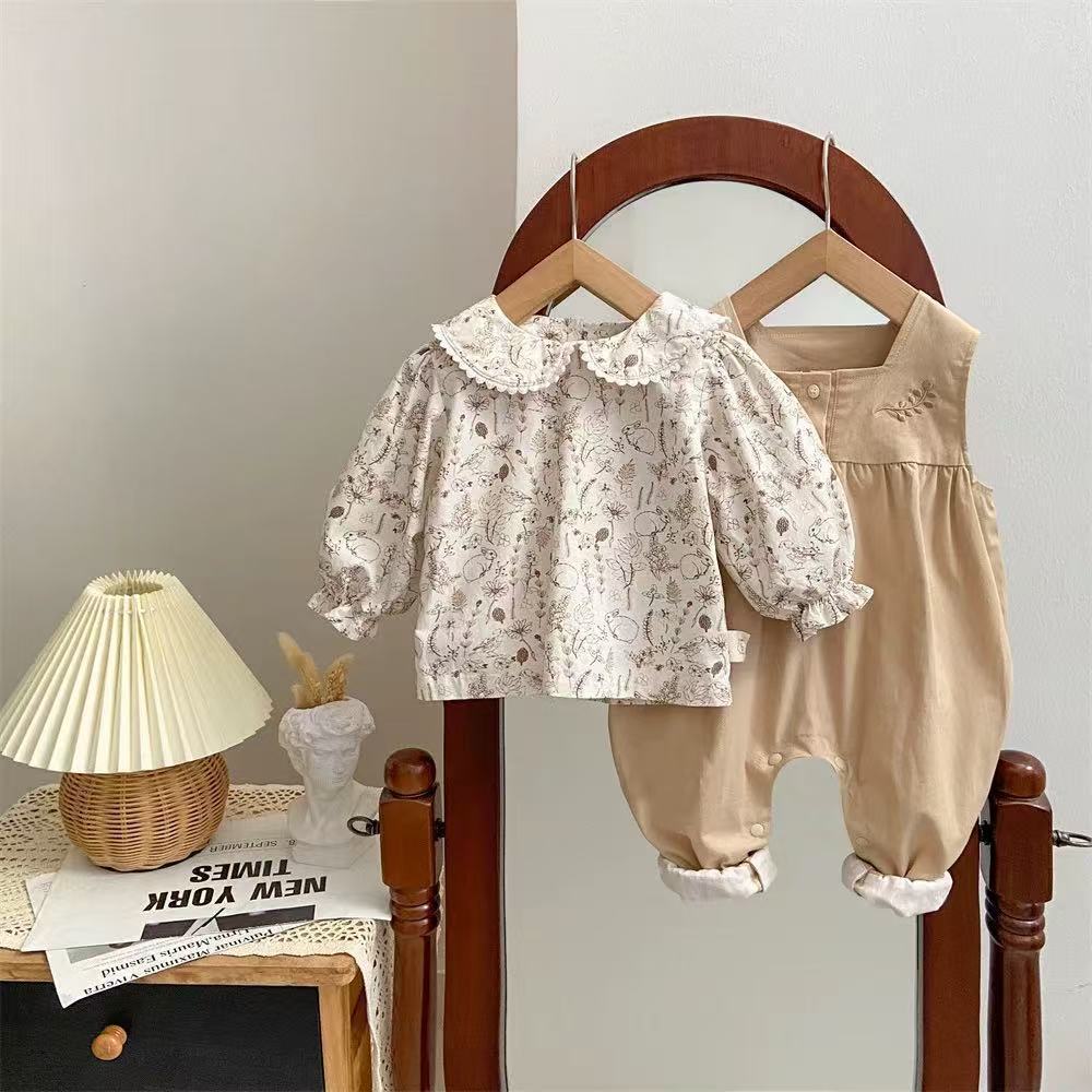 Spring and autumn overalls two-piece set baby romper sweet princess girl outfit cute girl autumn clothes