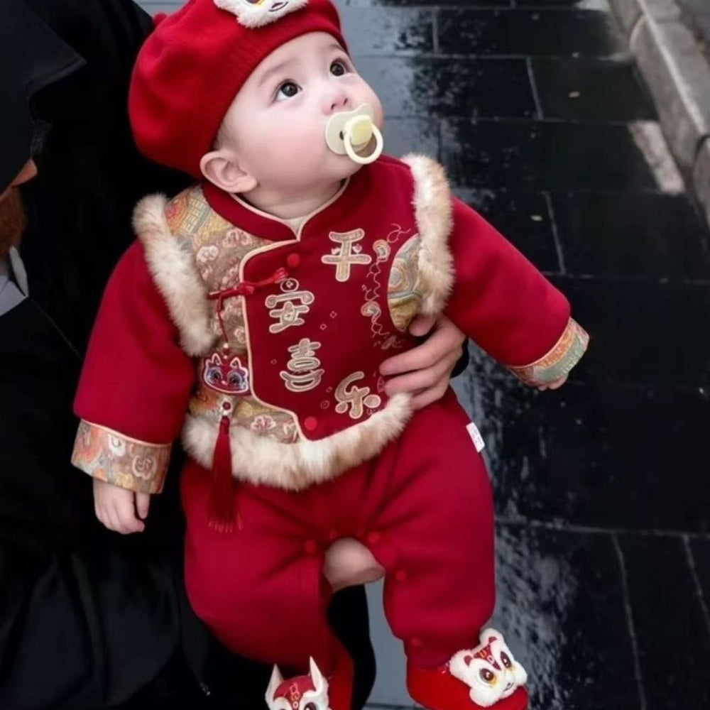 Winter thickened warm baby red new year romper jumpsuit new year's greeting outfit two-piece trendy set for going out