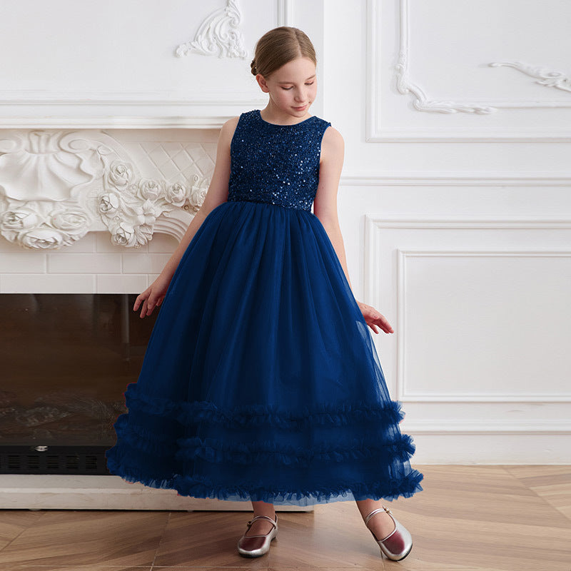 Girls' formal dress - high-end runway mesh skirt, vest dress, elegant hostess style, customized for children's piano recitals, european and american style