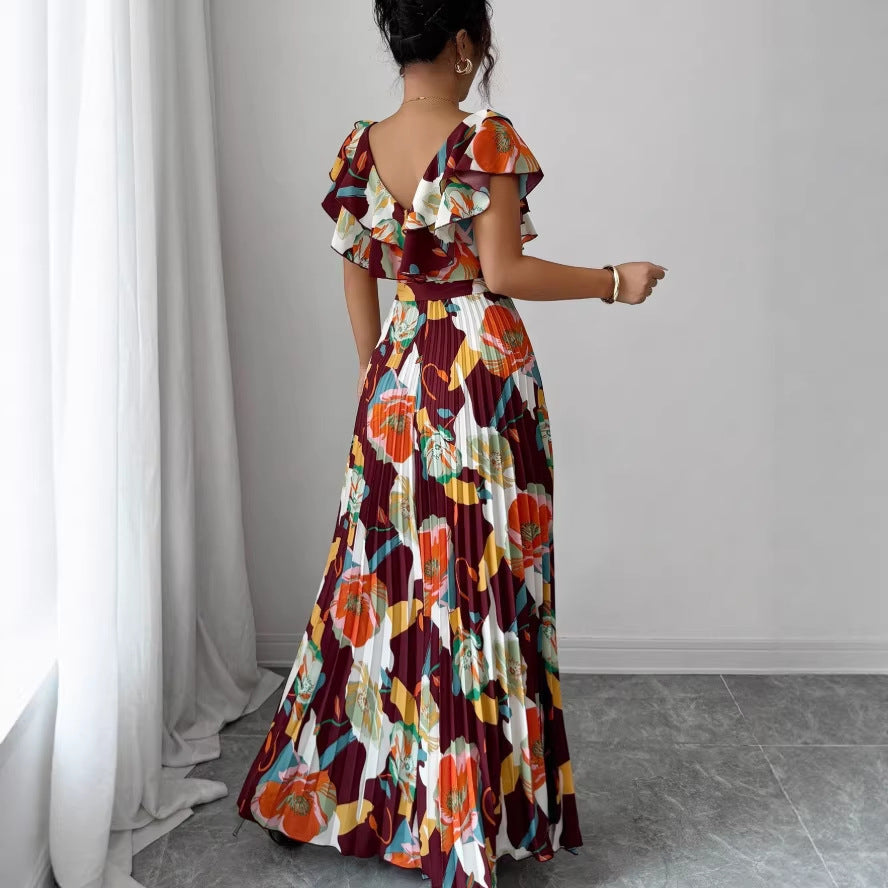 new fashion european and american style printed pleated maxi dress