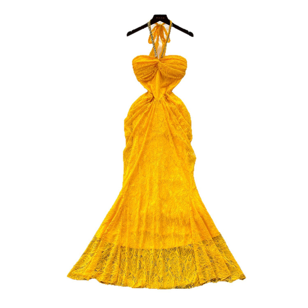 French lace halter neck sexy dress - women's summer slim fit maxi dress - high-end vacation outfit