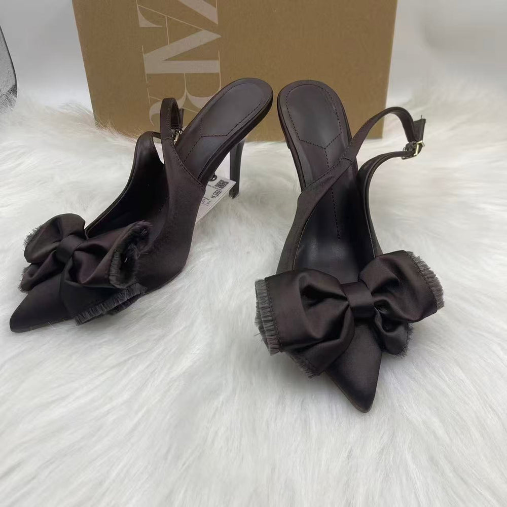Za2025winternew arrival women's shoes bowselegant socialite high-heeled mules shoes flatsflats back strap sandals