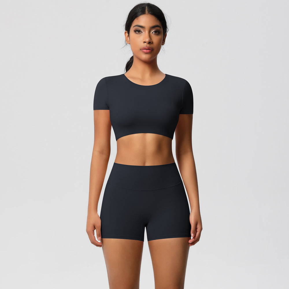 European and american nude feel quick-dry short sleeve yoga set with padded bra, compression workout training shorts, running fitness outfit