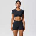 European and american nude feel quick-dry short sleeve yoga set with padded bra, compression workout training shorts, running fitness outfit