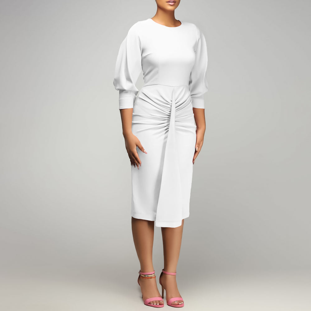 Amazon new arrivalsummer round neck pure color hip-covering pleated ol tongle fashionelegant pencil skirt africandress