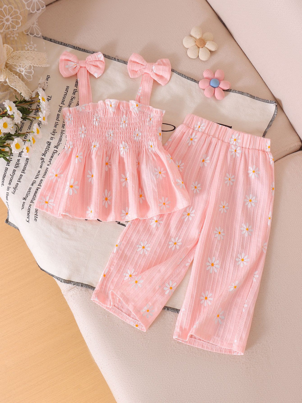 Girls' summer casual outfit: ruched waist cami top & daisy print pants - fresh & stylish summer wear for kids