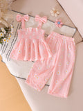 Girls' summer casual outfit: ruched waist cami top & daisy print pants - fresh & stylish summer wear for kids