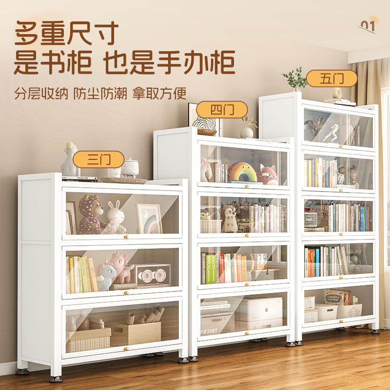Steel bookcase glass door bookshelf for home living room storage cabinet floor-standing dust-proof figure display cabinet iron storage rack