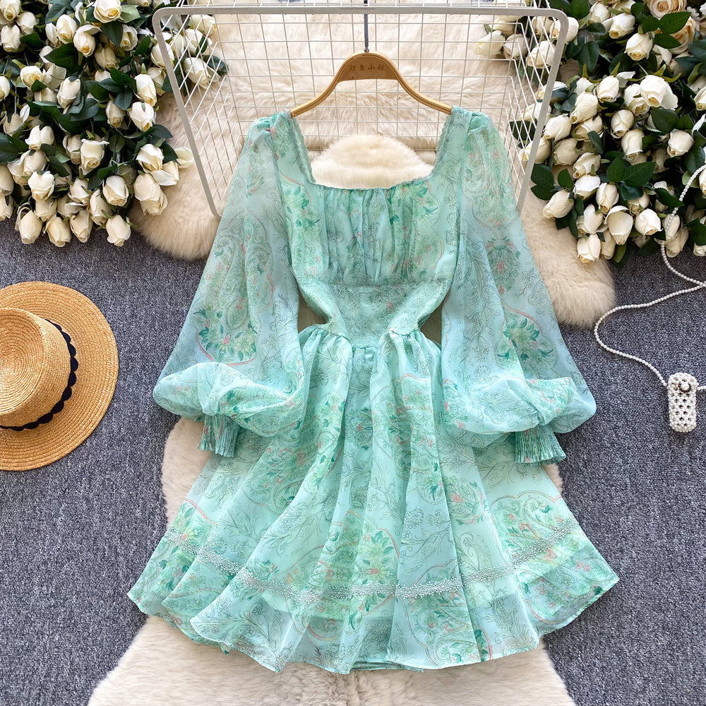 K-style lantern sleeve square collar printingdress women's summer waist small silm type a-line skirt work clothing short skirt