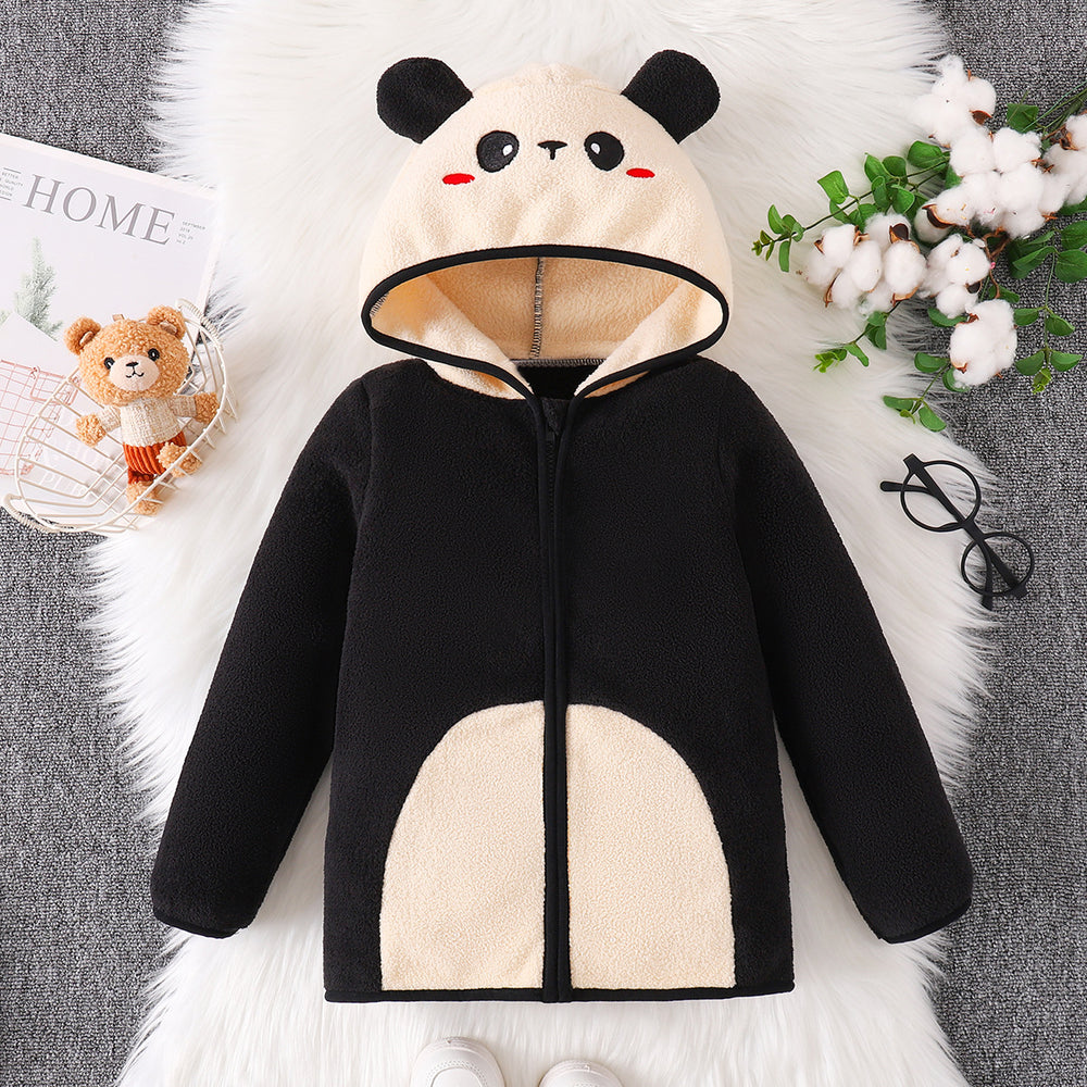 kids fleece capsules outwearfall and winter cartoon embroidered panda color matchingthickened hooded girl zippertops