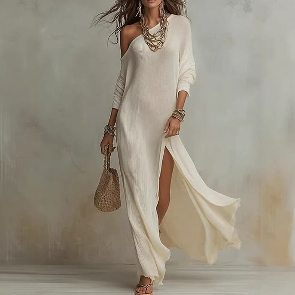 summer european and american cross-border independent station new arrivalelegancelong sleevesknitting pleated slit women's dress