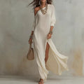 summer european and american cross-border independent station new arrivalelegancelong sleevesknitting pleated slit women's dress