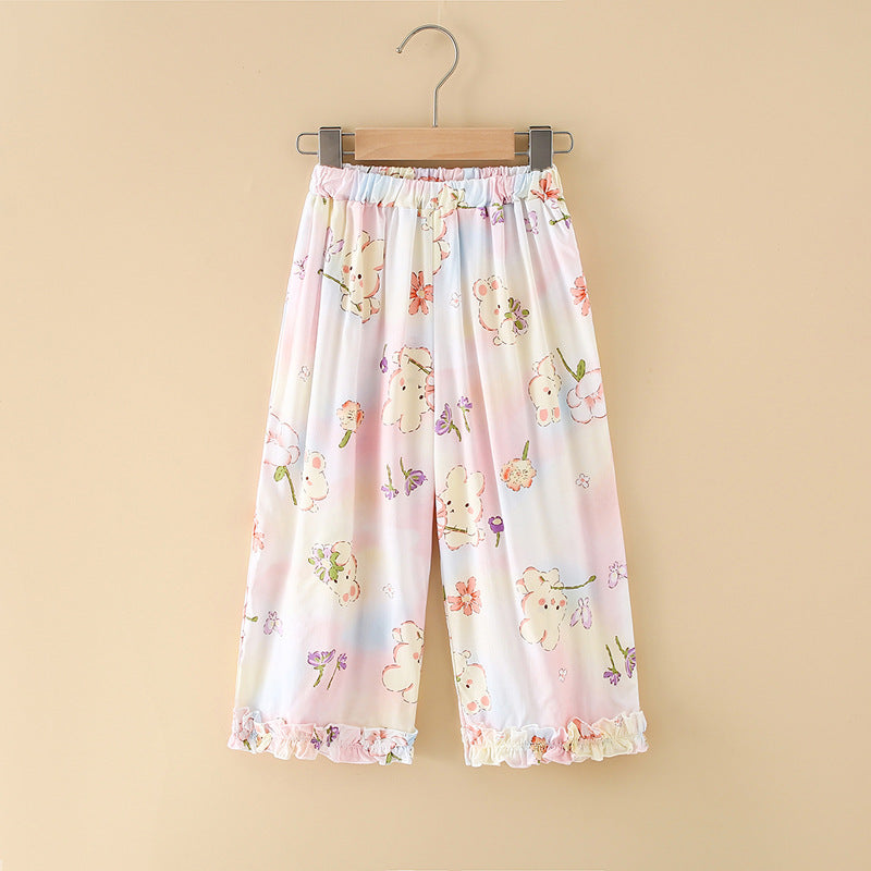 Girls' rayon summer lightweight pajama pants - cartoon print, loose fit, breathable, can be worn outdoors, cropped length