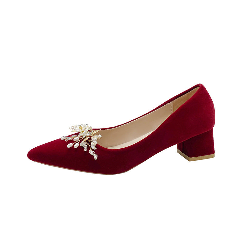 Spring & fall low ankle red pure colorspot viscose shoes thick heel flat heel pointed toe banquet high heels