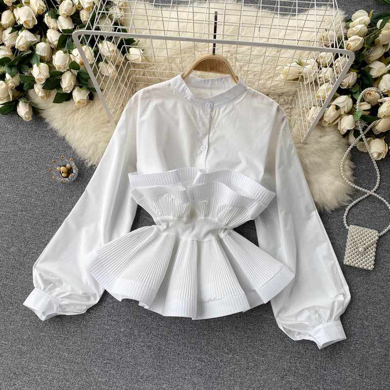 Long sleeves shirt for women sense of designniche style stereo pleated ruffles waist slimming lookeleganteasiest for match spring clothingtops for women