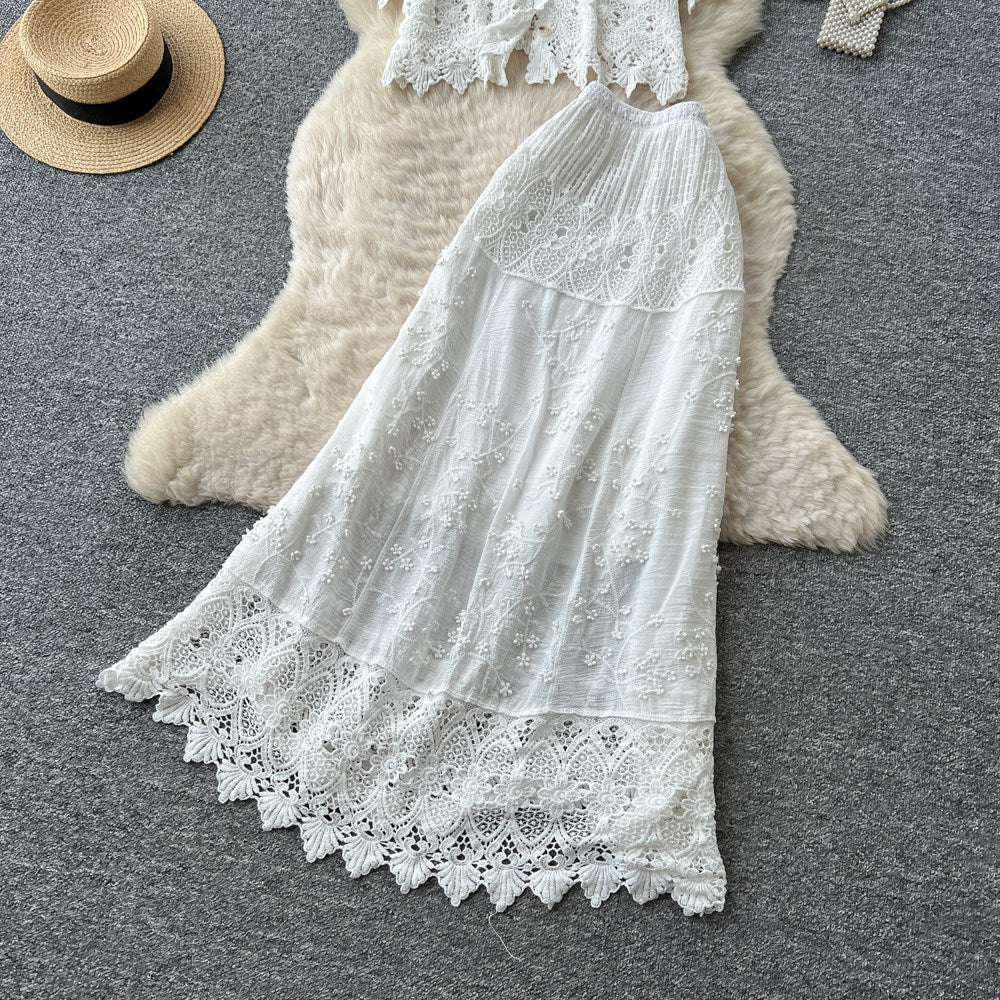 French riviera v-neck lace top & high-waisted midi skirt set - effortless summer chic