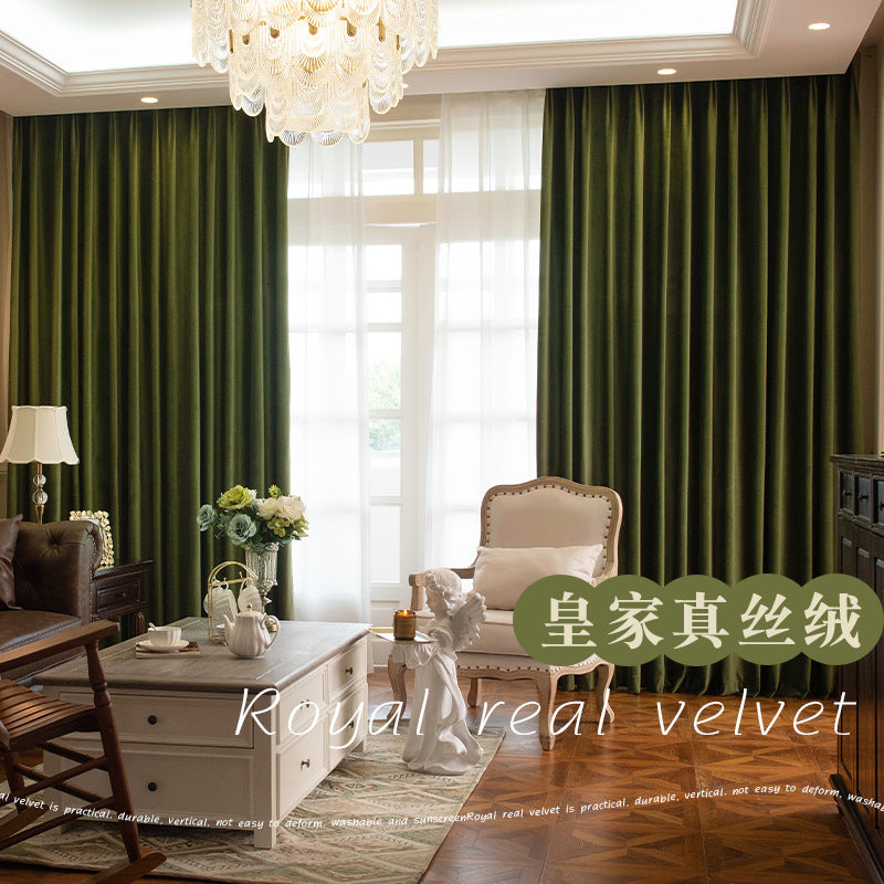 French retro olive green blackout curtains for living room and bedroom, velvet fabric, thickened curtain fabric, shaoxing curtain wholesale