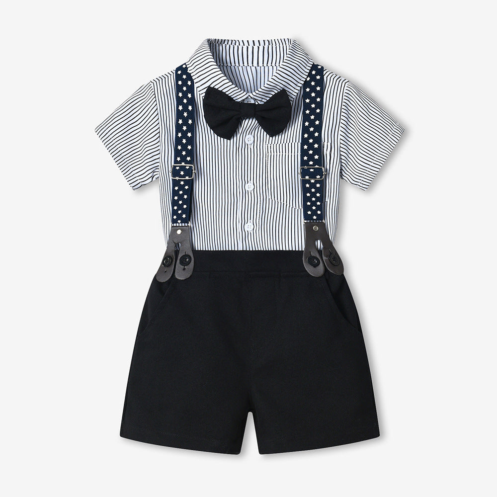 Boys' summer outfit set, new cotton short-sleeve striped shirt, first birthday dress, wholesale summer children's clothing