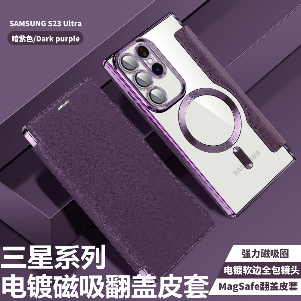 Suitable for samsung s26ultra electroplated magnetic flip leather case s25plus mobile phone case a57 card lens film case