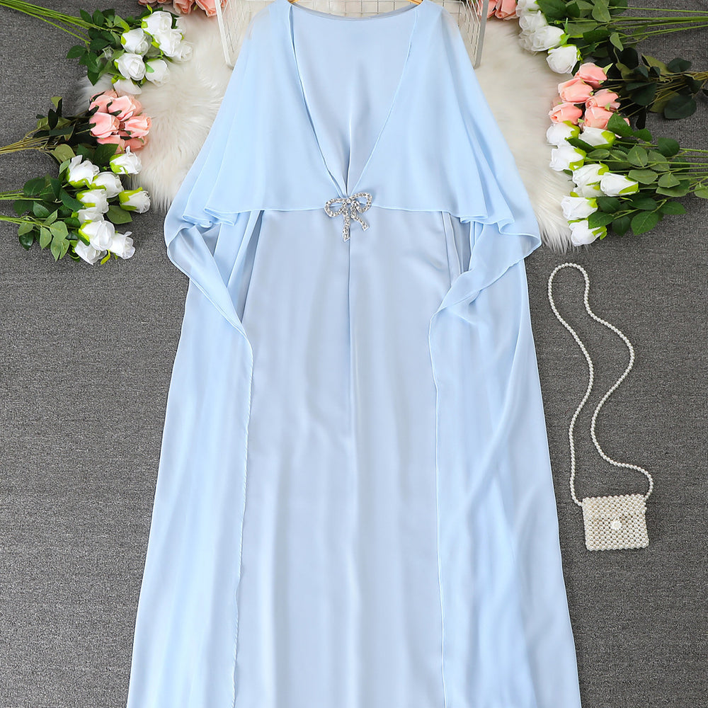 Women's elegant long-sleeve vacation dress with rhinestone bow detail, loose fit, flowy light blue chiffon shawl-style maxi dress