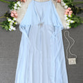 Women's elegant long-sleeve vacation dress with rhinestone bow detail, loose fit, flowy light blue chiffon shawl-style maxi dress