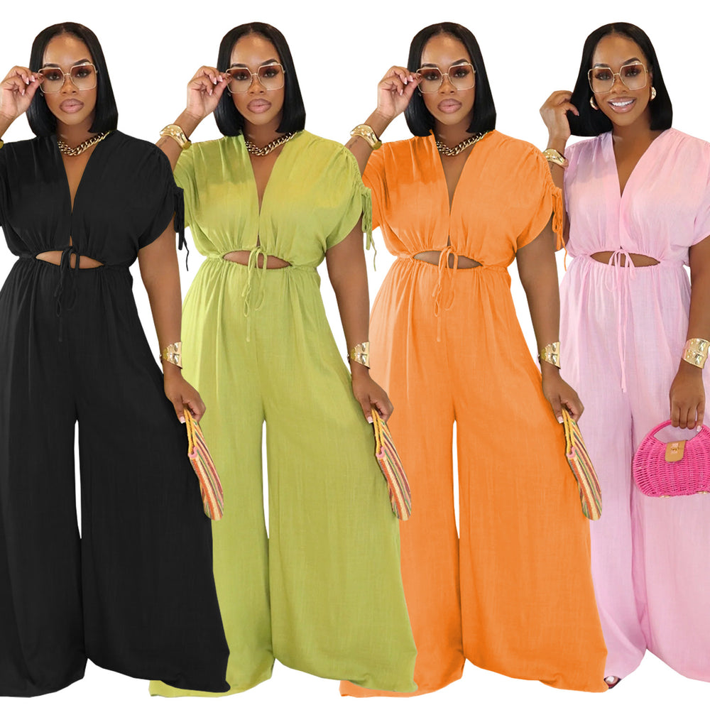 C7388 cross-border   fashion women's casual solid color v-neck tie-waist wide-leg jumpsuit new