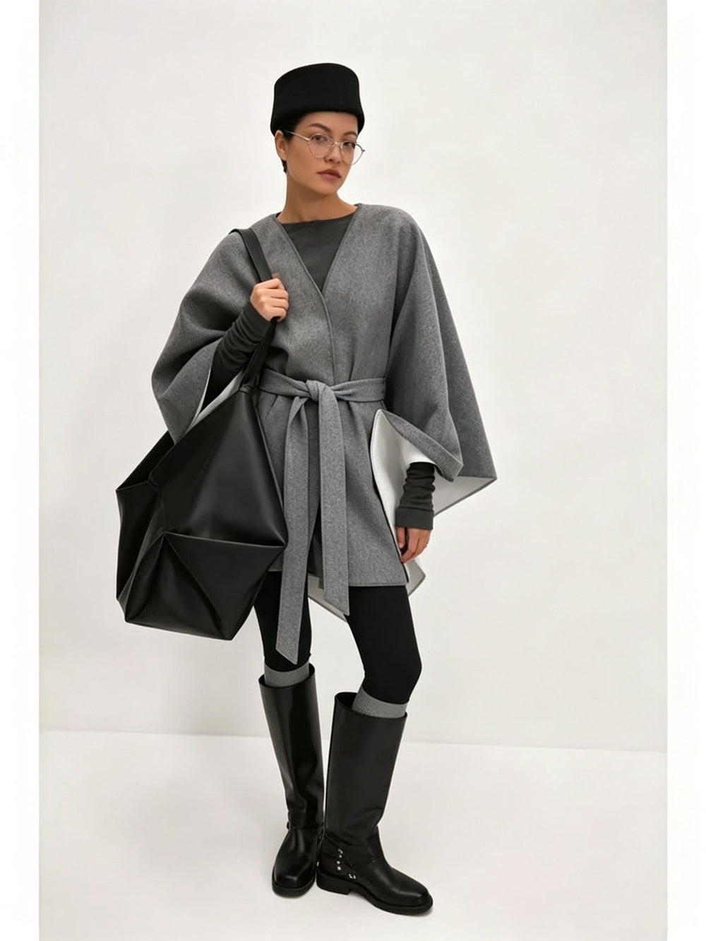 cross-border fashion women's winter coat: elegant solid color wool blend cape with tie waist
