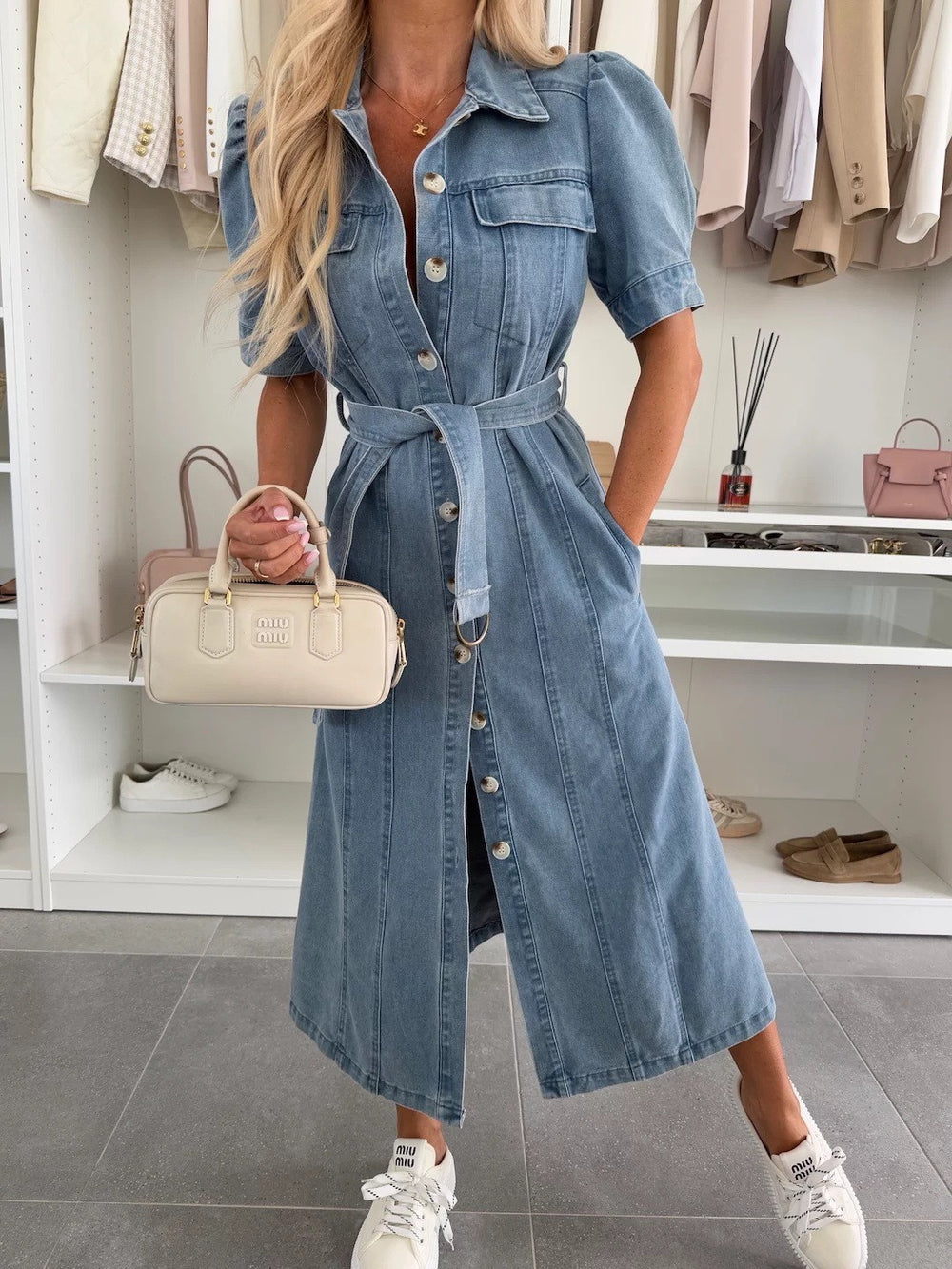 European and american cross-border independent station puff sleeve dress european and american fashion trendy single row multi-buckle long denim dress