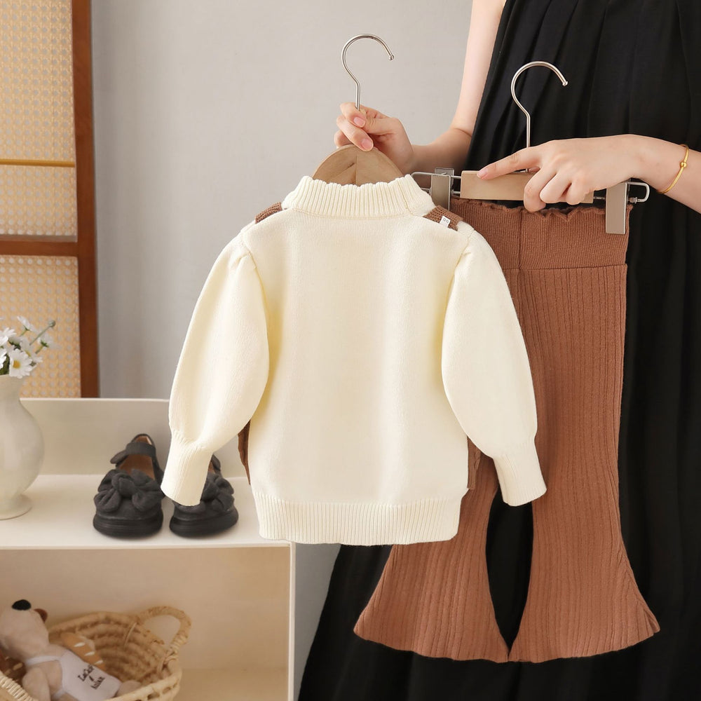 Girls' knit sweater set -  fall/winter collection - pullover top with round neck, faux two-piece knit sweater, and flare pants two-piece set