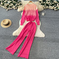 Korean style casual fashion color block crew neck long sleeve knit top women's autumn/winter high waist slimming wide leg pants sweater set