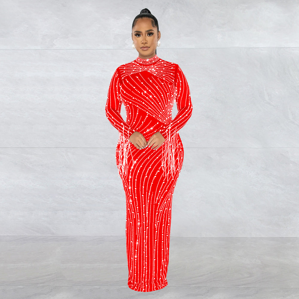 C6266   fashion women's mesh see-through rhinestone long sleeve maxi dress lined two-piece set
