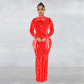 C6266   fashion women's mesh see-through rhinestone long sleeve maxi dress lined two-piece set