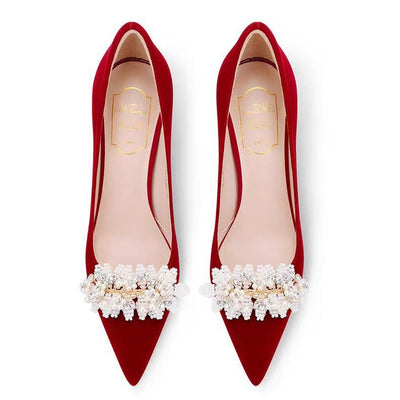 2024 spring/autumn new women's pointed-toe stiletto heels, beaded suede sweet formal party dress shoes, elegant wedding shoes for women