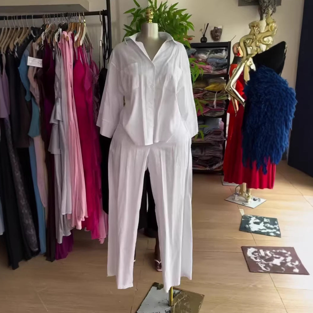 European and american cross-border women's fashion:  summer new collection - solid color, relaxed fit, turn-down collar shirt and wide-leg pants casual set