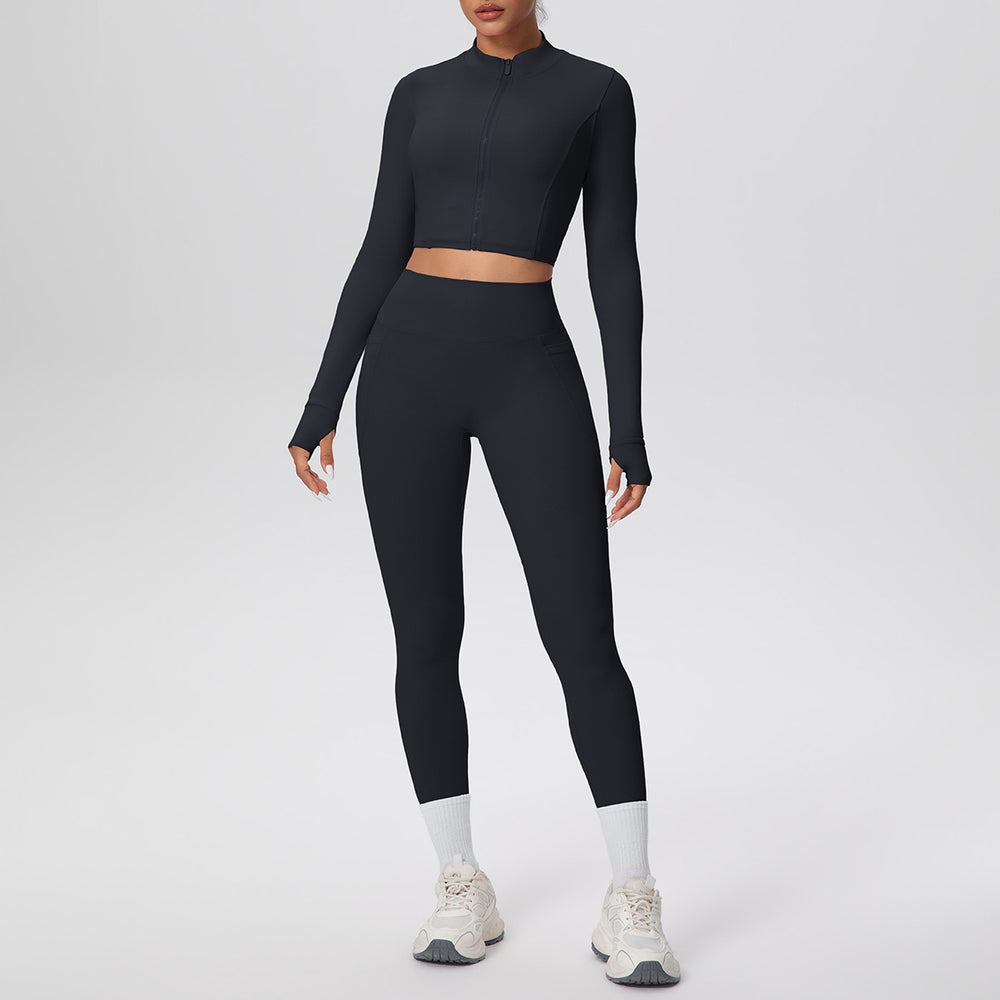 Cropped zip-up yoga set: high-waisted, butt-lifting leggings with pockets - perfect for running, fitness, and casual wear