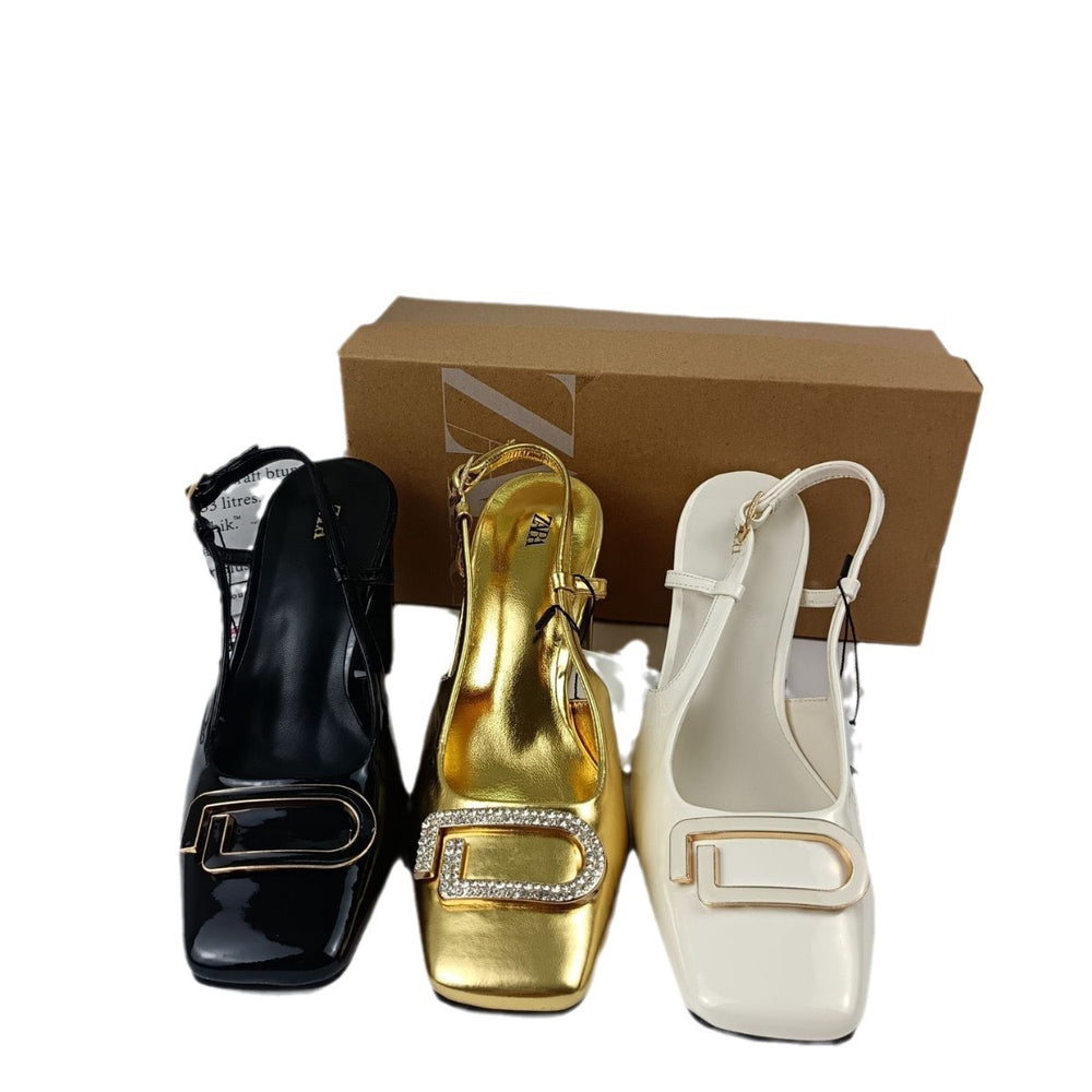 Za2023 autumn new collection: square-toe, g-shaped rhinestone buckle, gold chunky heel, fashionable women's export sandals & high heels
