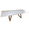 Off-white travertine slab extendable dining table - modern minimalist iron frame legs - rectangular expandable dining table for home restaurant