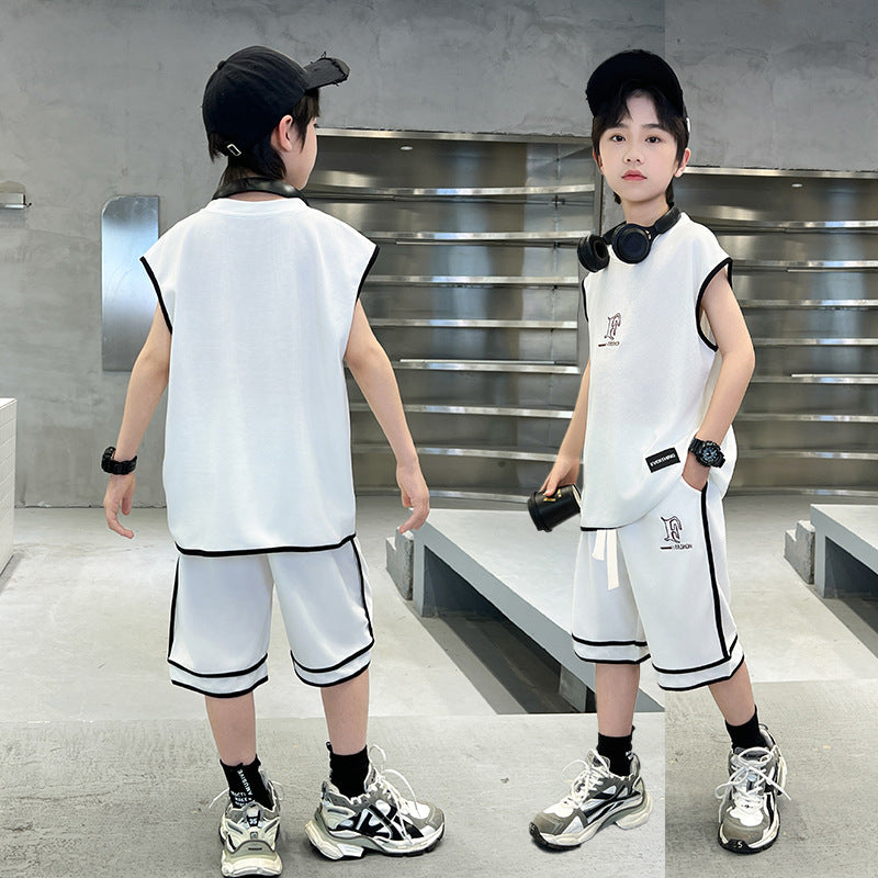 Kids' boys' summer outfit set  new style: trendy, stylish, lightweight, and cool short-sleeve and long-pant set for summer