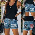 European and american cross-border trade women's clothing  new arrival american flag print slimming distressed single-breasted denim shorts