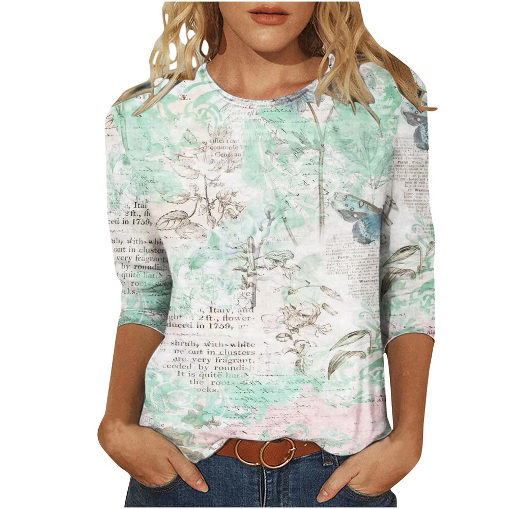 cross-border  women's casual printed crew neck 3/4 sleeve t-shirt top - in stock