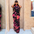 European and american style cross-border women's fashion hollow-out waist print elegant design bodycon dress color block high neck sleeveless maxi dress