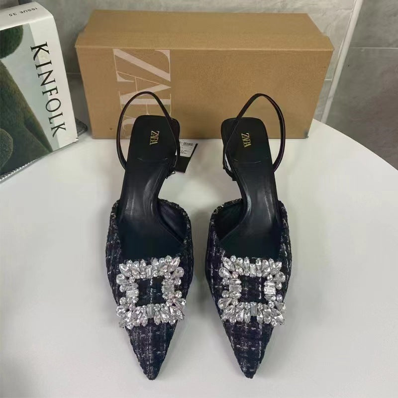 Za2024 new summer pointed-toe chanel-style canvas rhinestone square buckle embellished low-cut slingback sandals for women