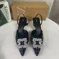 Za2024 new summer pointed-toe chanel-style canvas rhinestone square buckle embellished low-cut slingback sandals for women