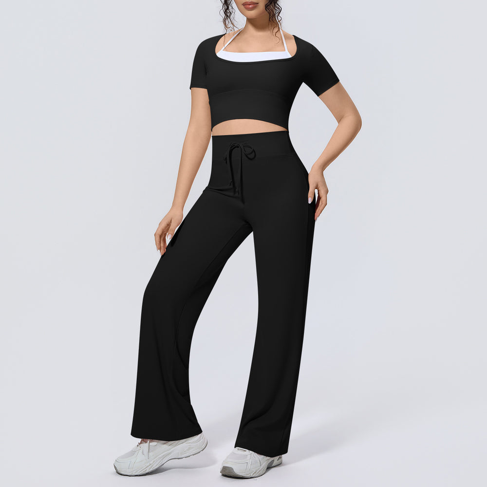 pure color double-piece nude high-elastic fake two-piece yoga suit sports running fitness short-sleeved two-piece set for women