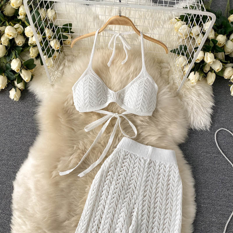 Beach vacation set for women: sexy bikini with halter top, unique cutout knit wide-leg pants