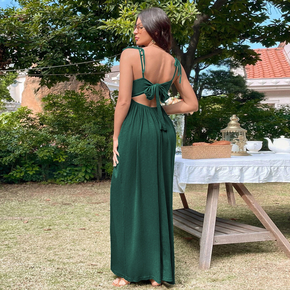new european and american style cross-border women's clothing: vacation-inspired beach maxi dress - sexy backless, cinched waist, a-line sundress