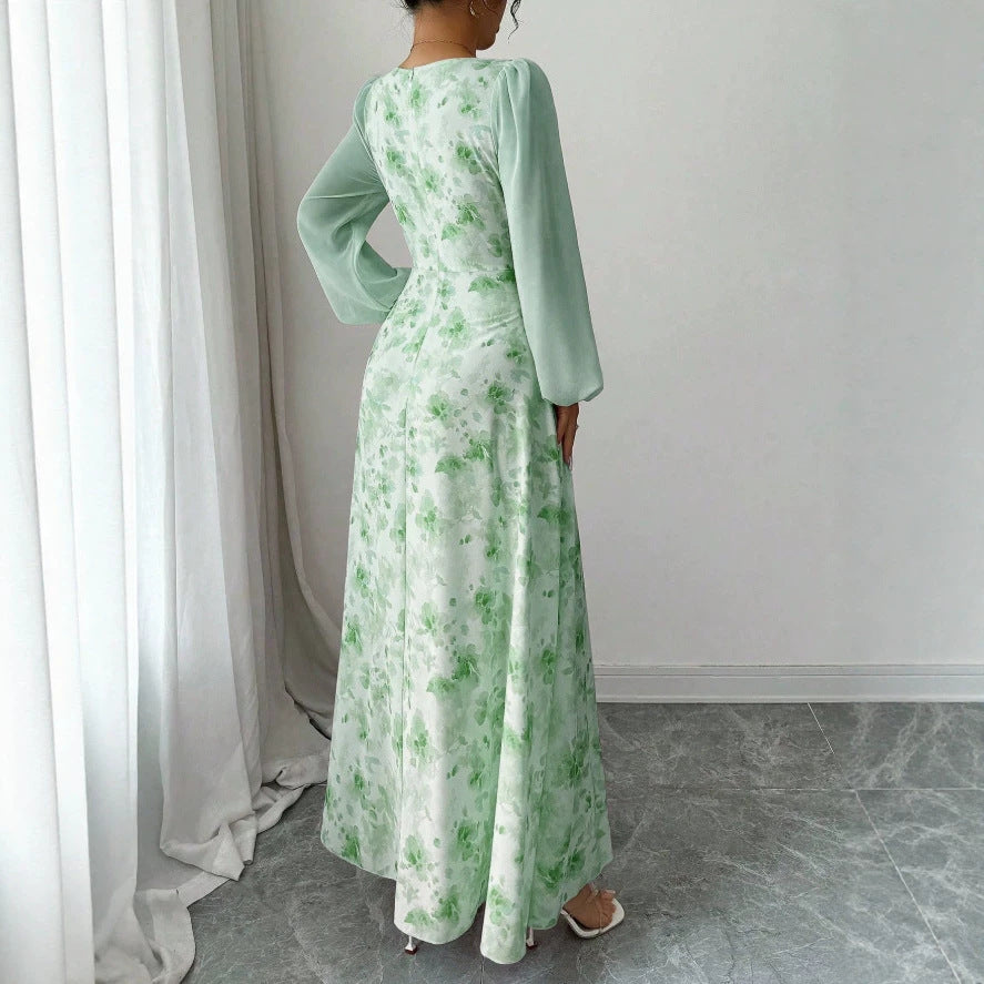 European and american cross-border  french mist light green smudged long skirt square neck long high waist a-line long fairy dress
