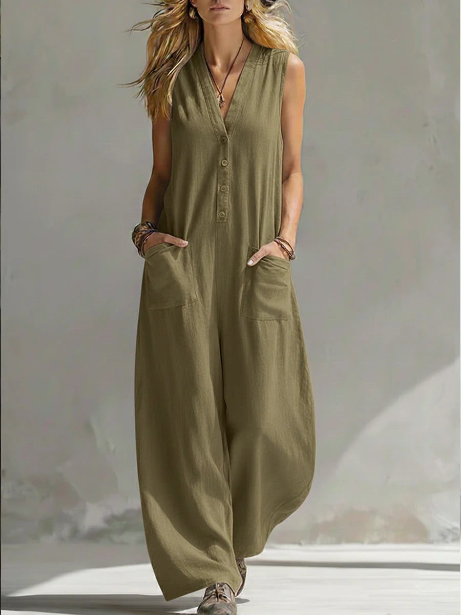 【factory direct】new spring/summer women's casual linen-cotton sleeveless jumpsuit - perfect for us & european  & independent e-commerce stores