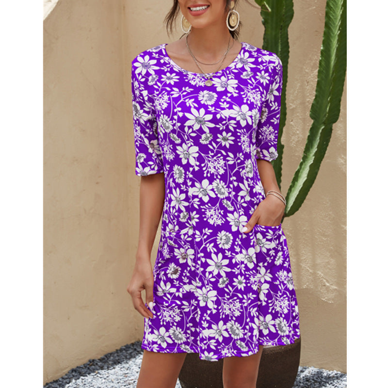 2025 summer european and american cross-border women's fashion: amazon ebay round neck printed plus size short sleeve dress with cinched waist