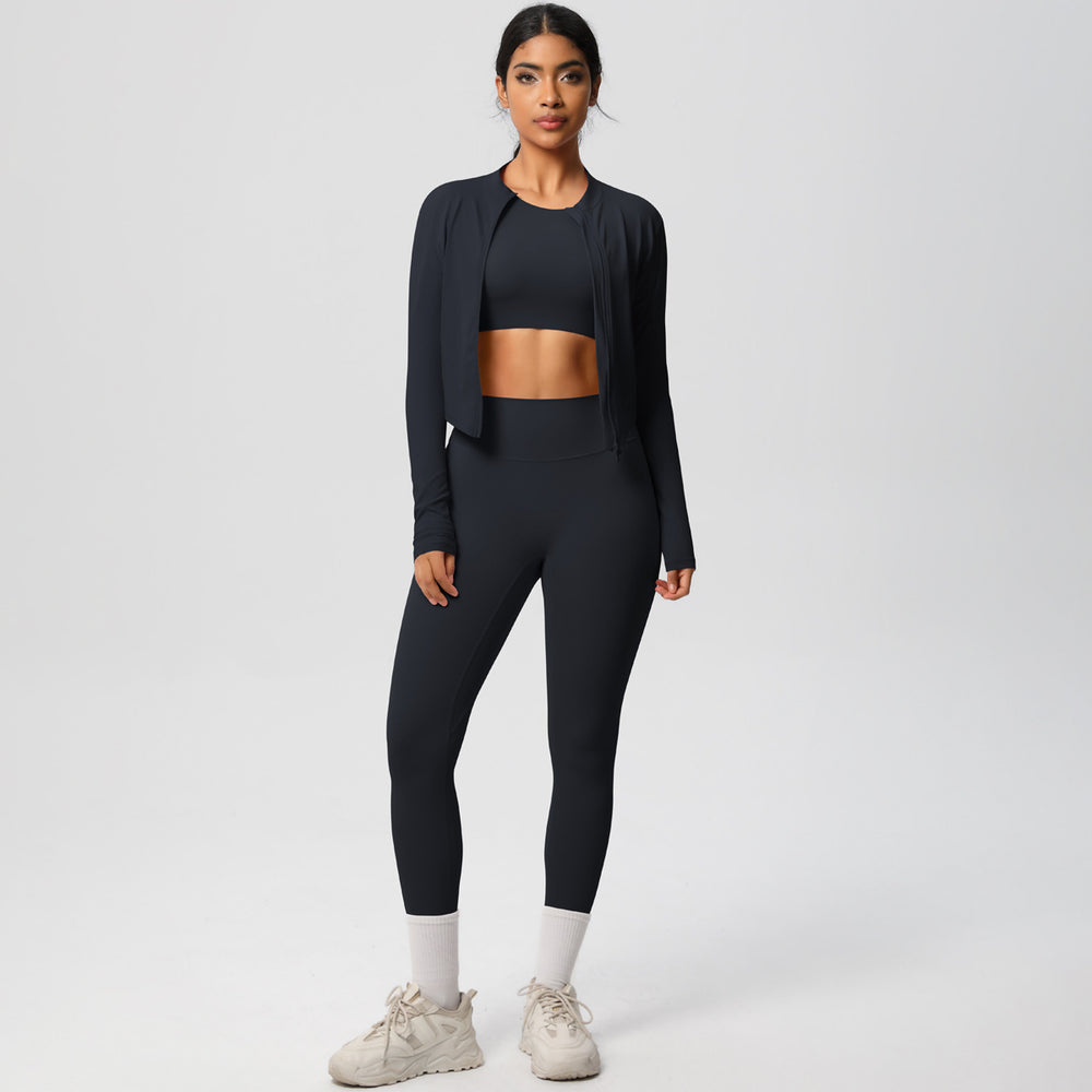 European and american style solid color seamless brushed yoga set - tight-fitting, quick-drying, butt-lifting workout running fitness three-piece set